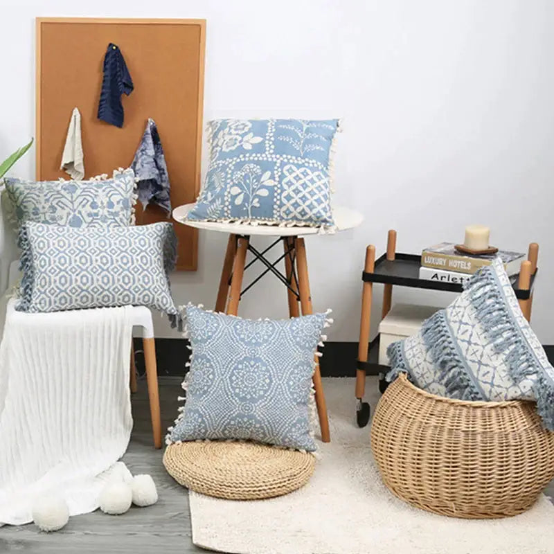 Boho blue & white tassel cushion cover living room pillow