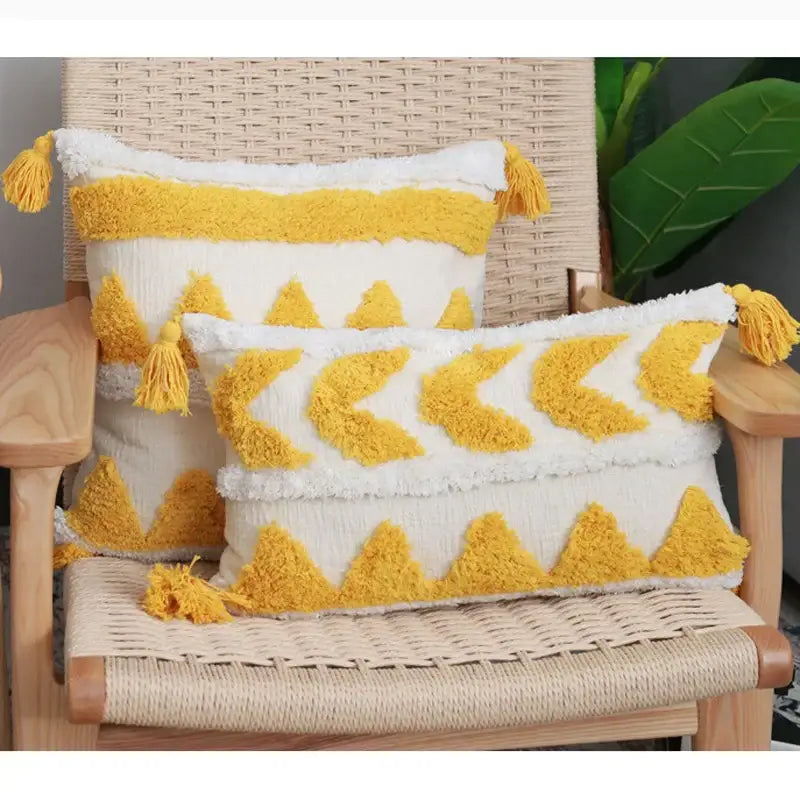 Boho chenille tufted pillow case cream & mustard living room decor