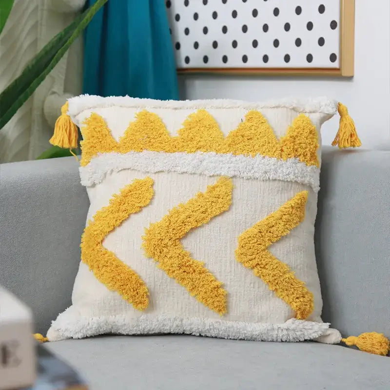 Boho chenille tufted pillow case cream & mustard living room decor