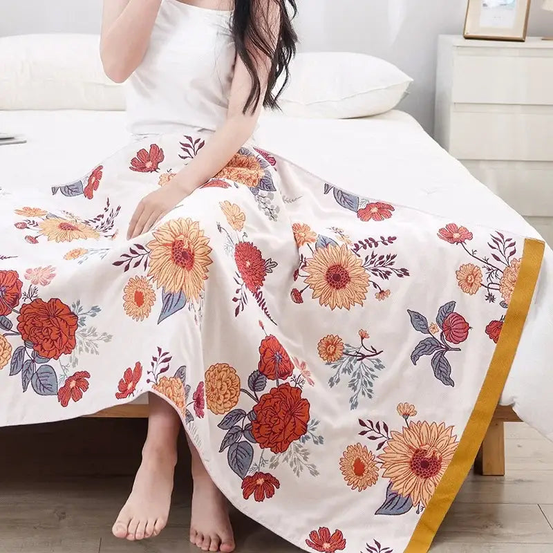 Boho cotton gauze bath towel beige & blue paisley bathroom wrap