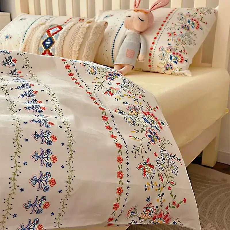 Boho cotton printed cream floral bedding set – bedroom duvet cover