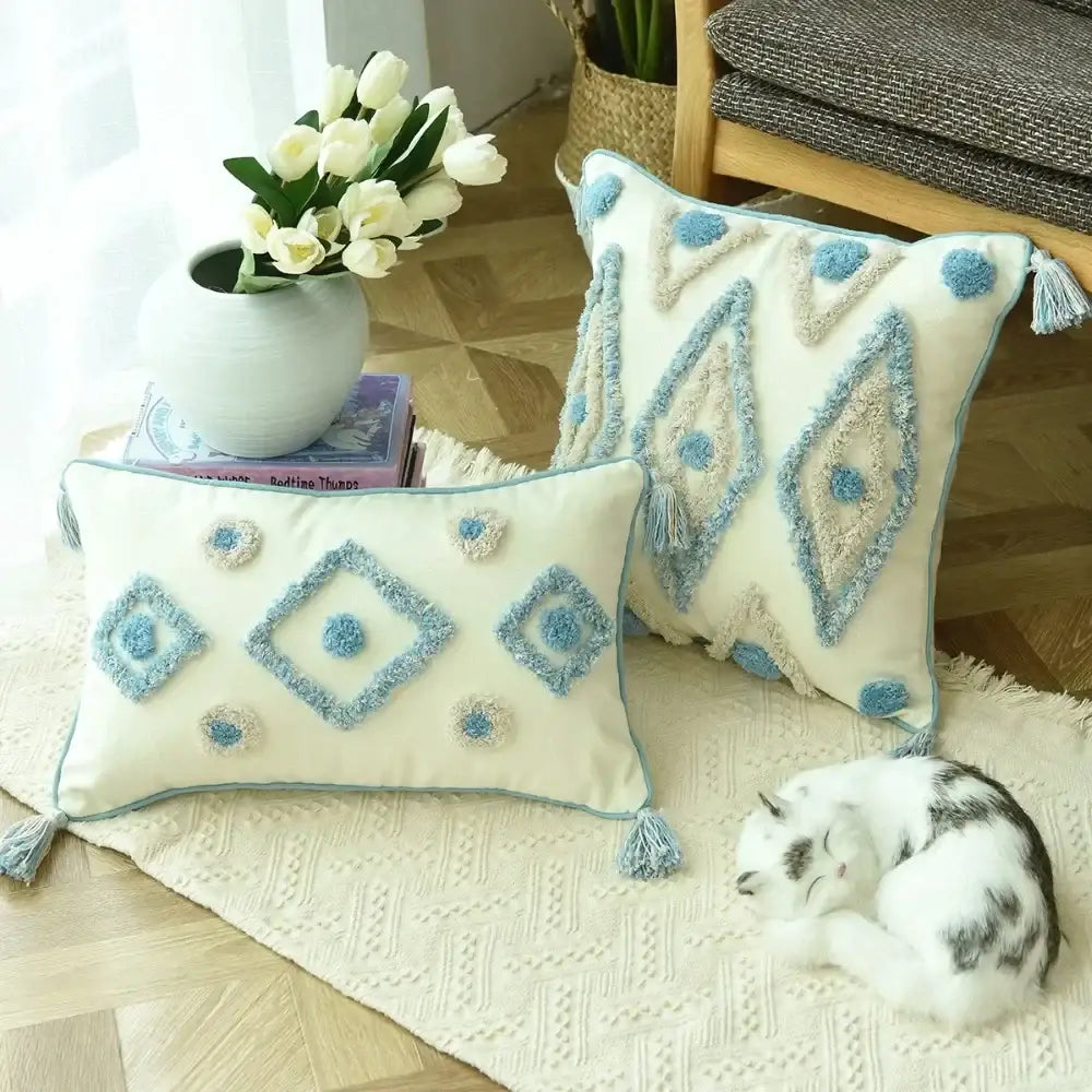 Boho cream & blue diamond cushion cover living room tassels