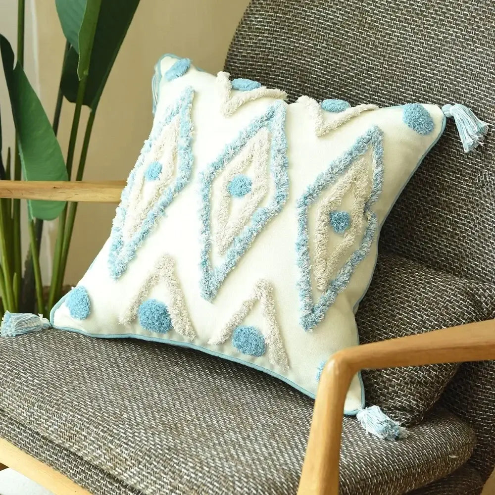 Boho cream & blue diamond cushion cover living room tassels