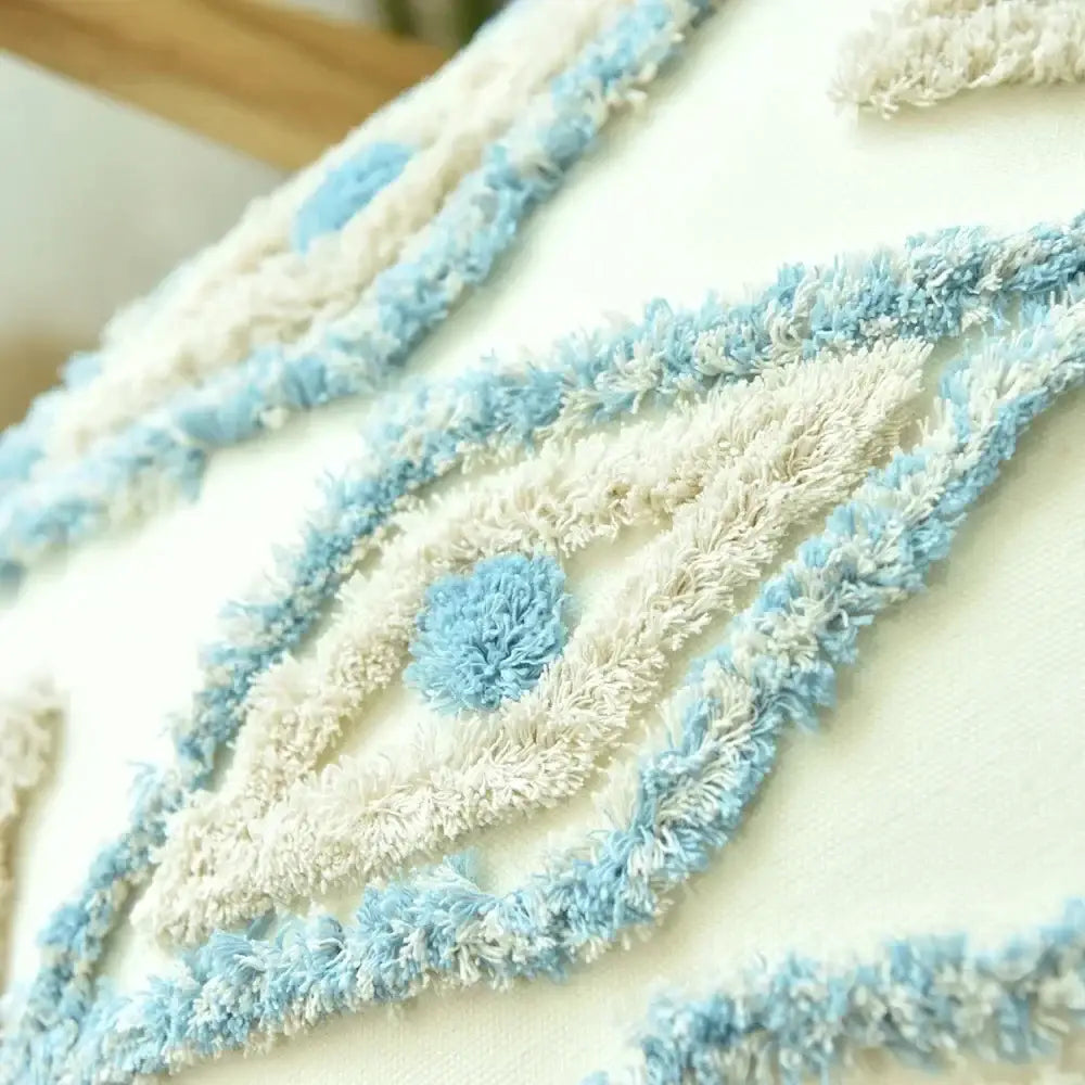 Boho cream & blue diamond cushion cover living room tassels