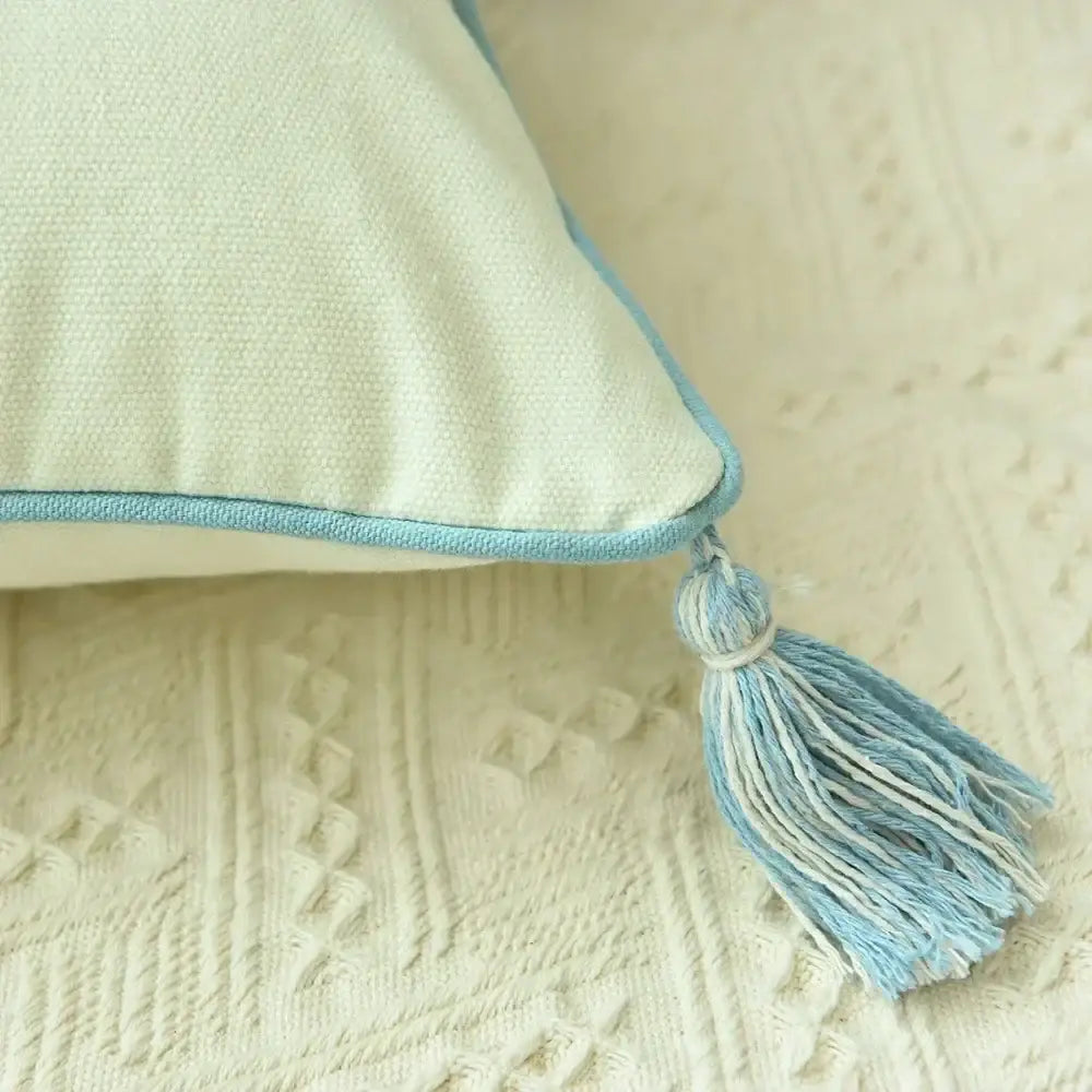 Boho cream & blue diamond cushion cover living room tassels