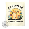 Boho cream cat tapestry with flowers and mushrooms for living room