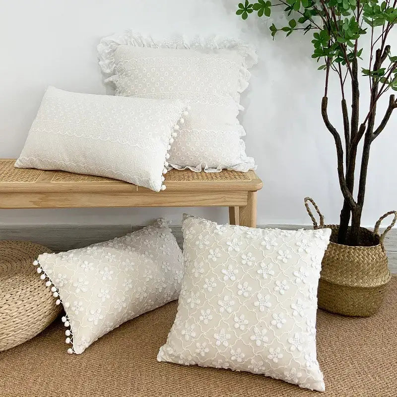 Boho cream lace floral cushion cover living room pom pom pillow