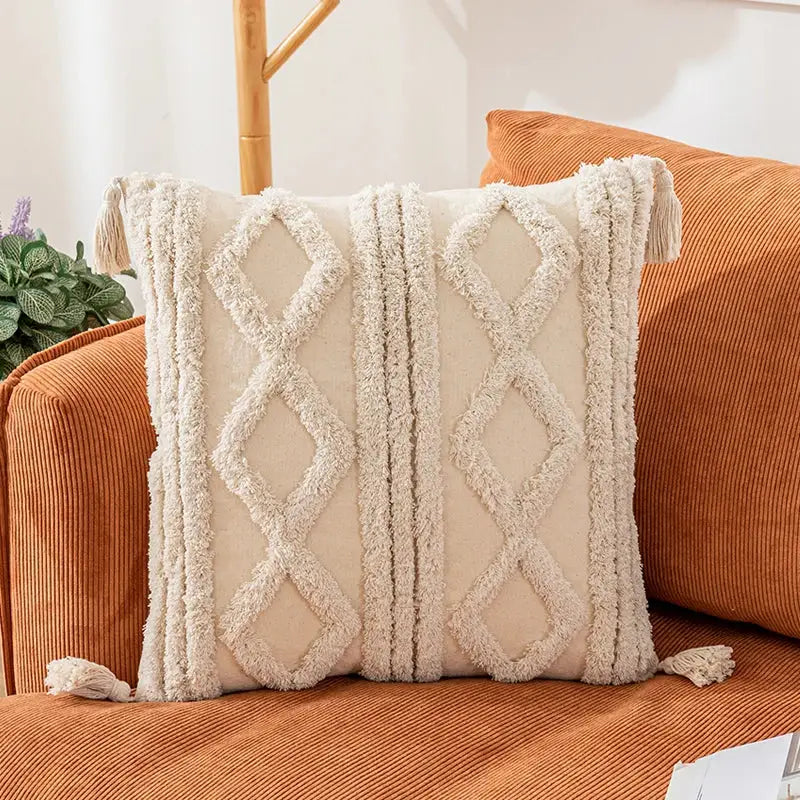 Boho cream textured cotton pillow cover living room tassel decor