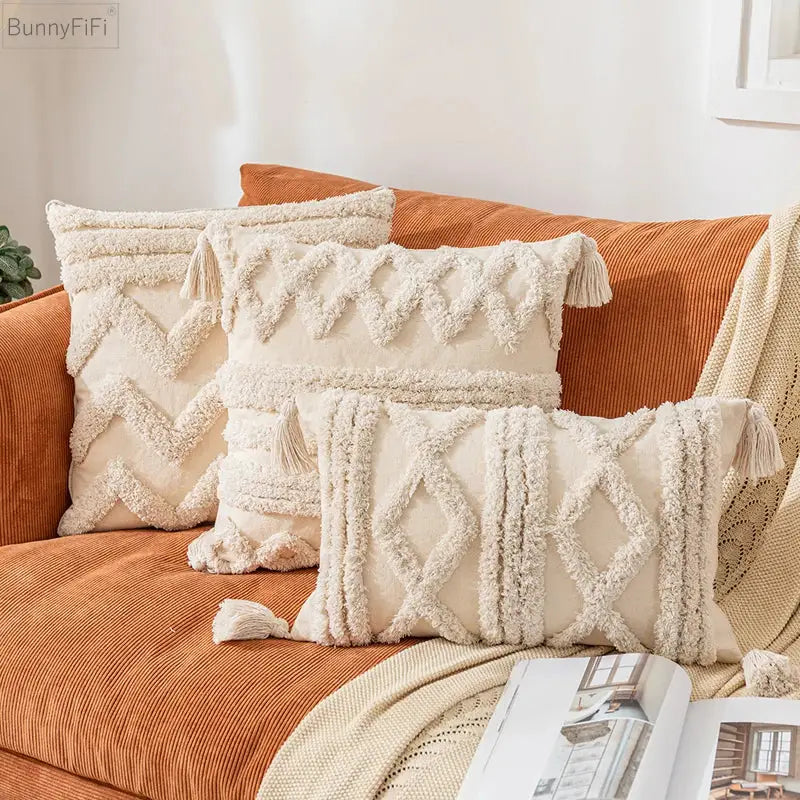 Boho cream textured cotton pillow cover living room tassel decor