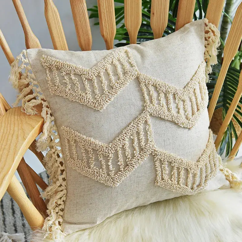 Boho cream textured round lumbar pillow cover set bedroom tassels