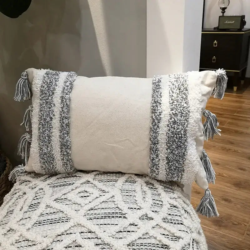 Boho cream tufted cushion cover with tassels for living room