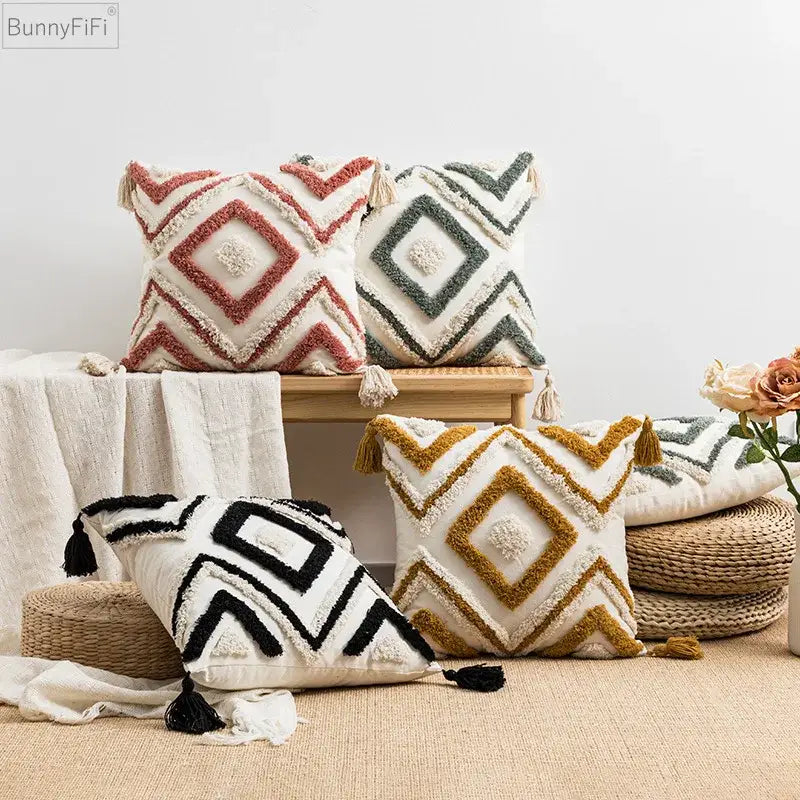 Boho diamond cushion covers – living room earthy tassel pillows