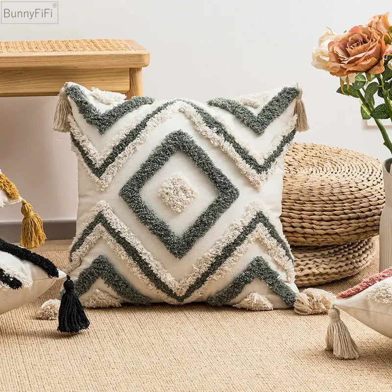 Boho diamond cushion covers – living room earthy tassel pillows
