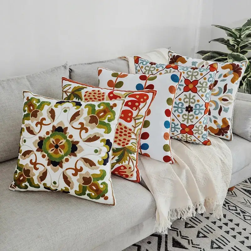 Boho farmhouse floral cream embroidered pillow covers living room