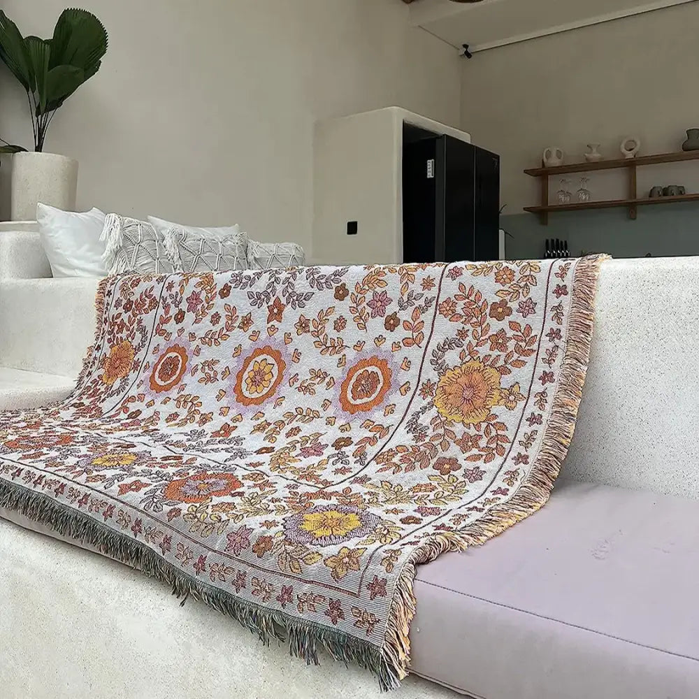 Boho floral sofa throw blanket – living room woven decor