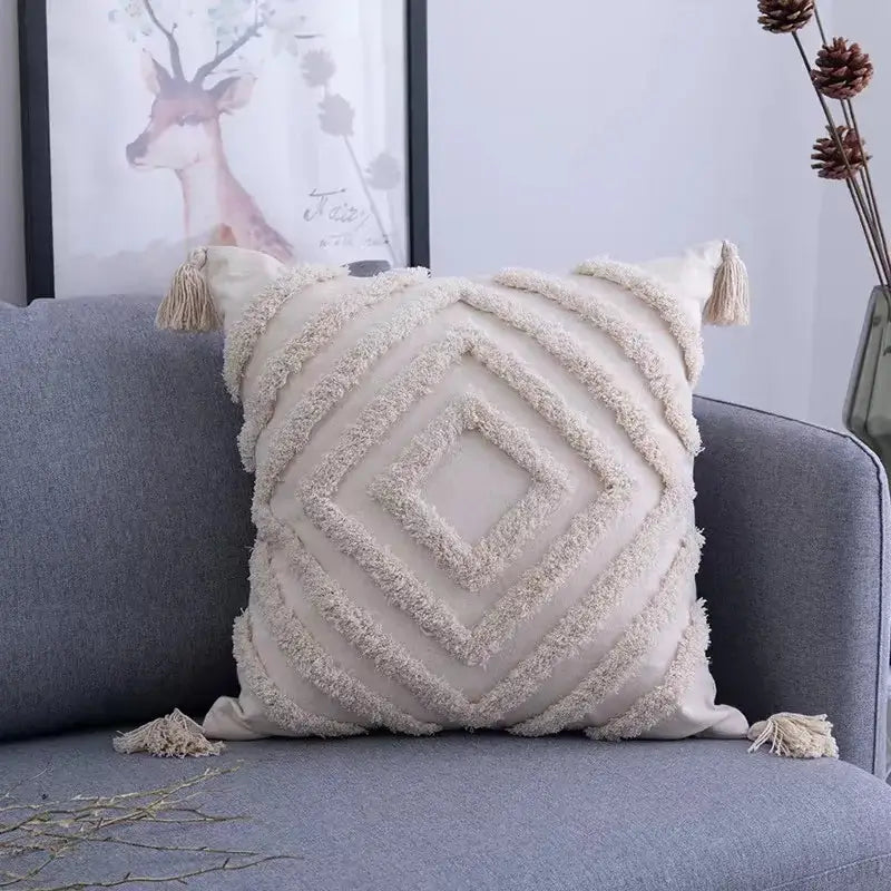 Boho geometric tufted cushion cover cream & gray living room pillow