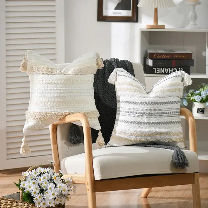 Boho geometric tufted cushion cover cream & gray living room pillow