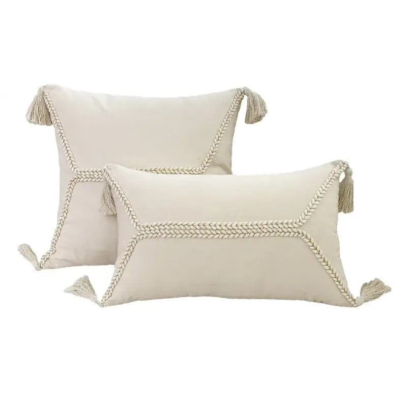 Boho geometry fringed cream cushion cover living room pillow