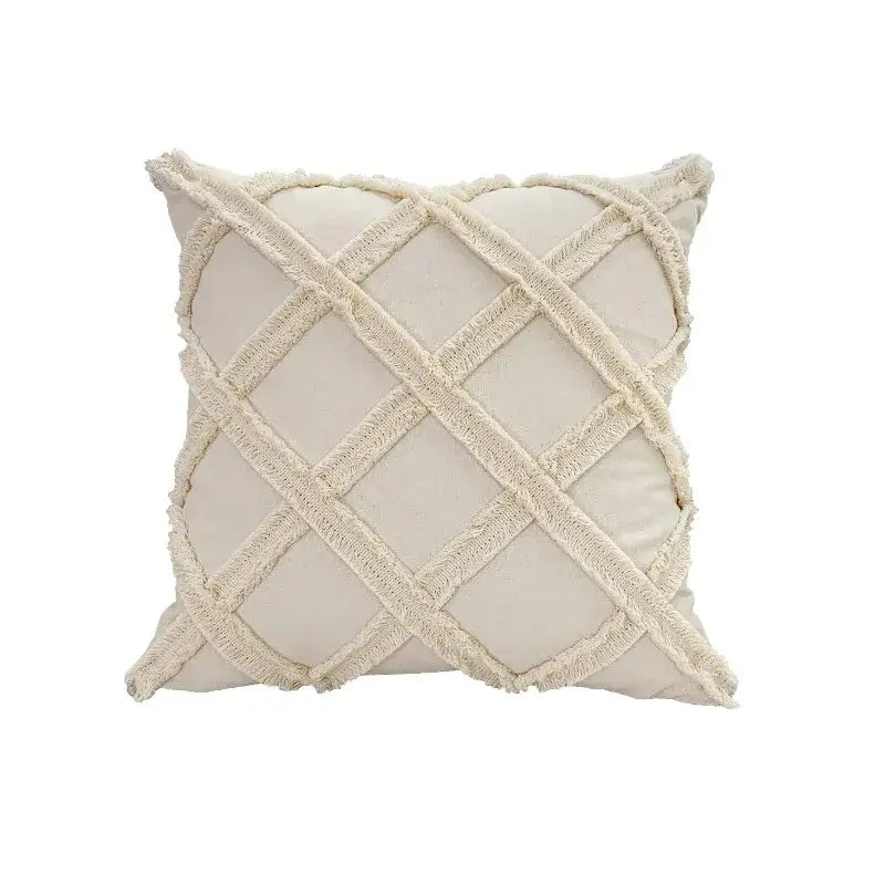 Boho geometry fringed cream cushion cover living room pillow