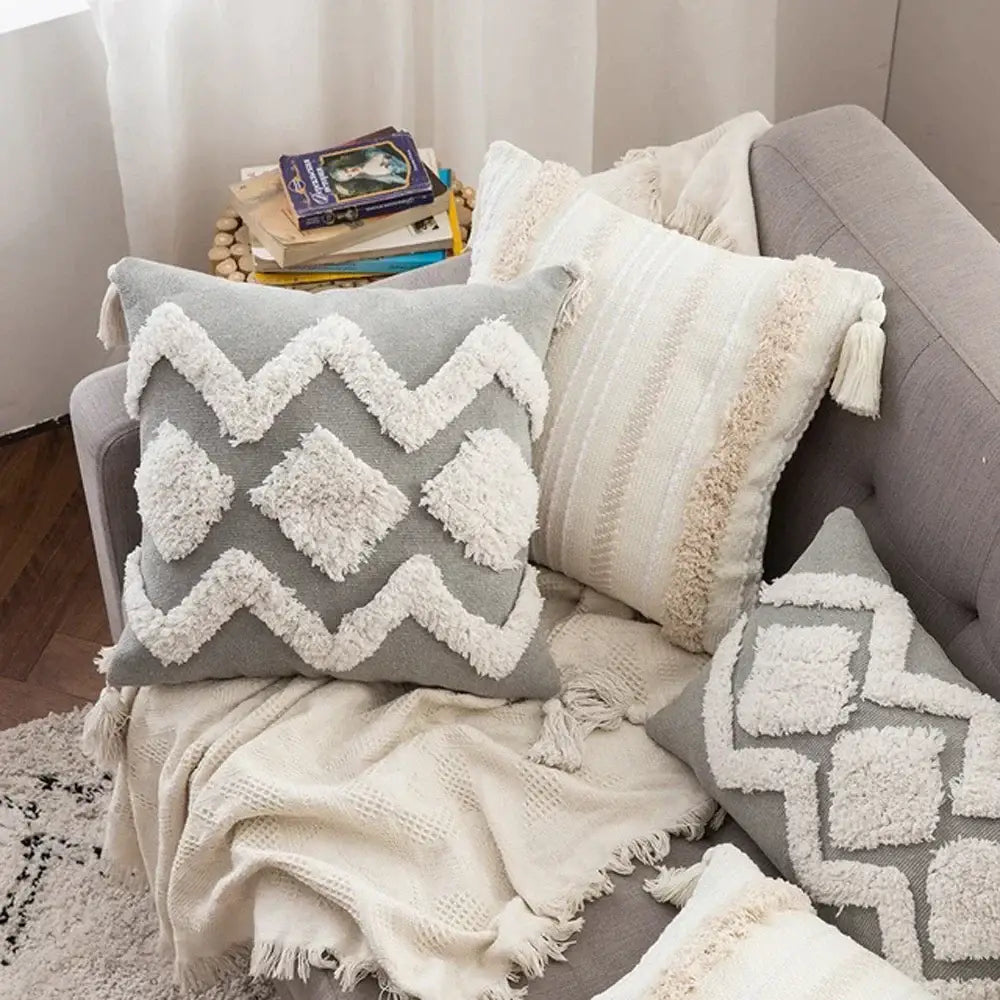 Boho gray & white tufted cushion cover living room tassel decor