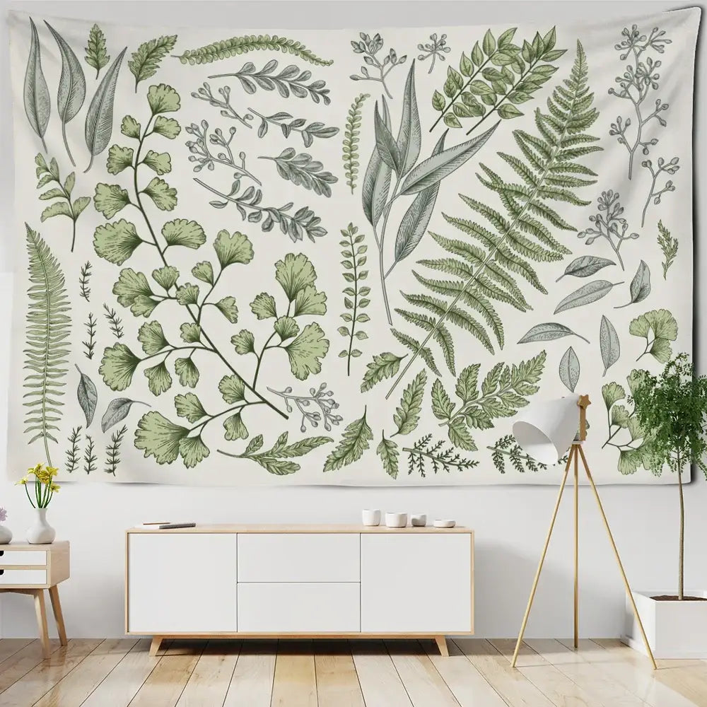 Boho green & gray botanical tapestry wall hanging bedroom decor