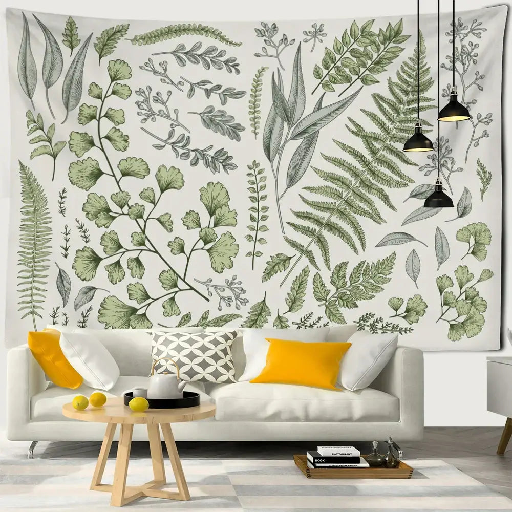 Boho green & gray botanical tapestry wall hanging bedroom decor