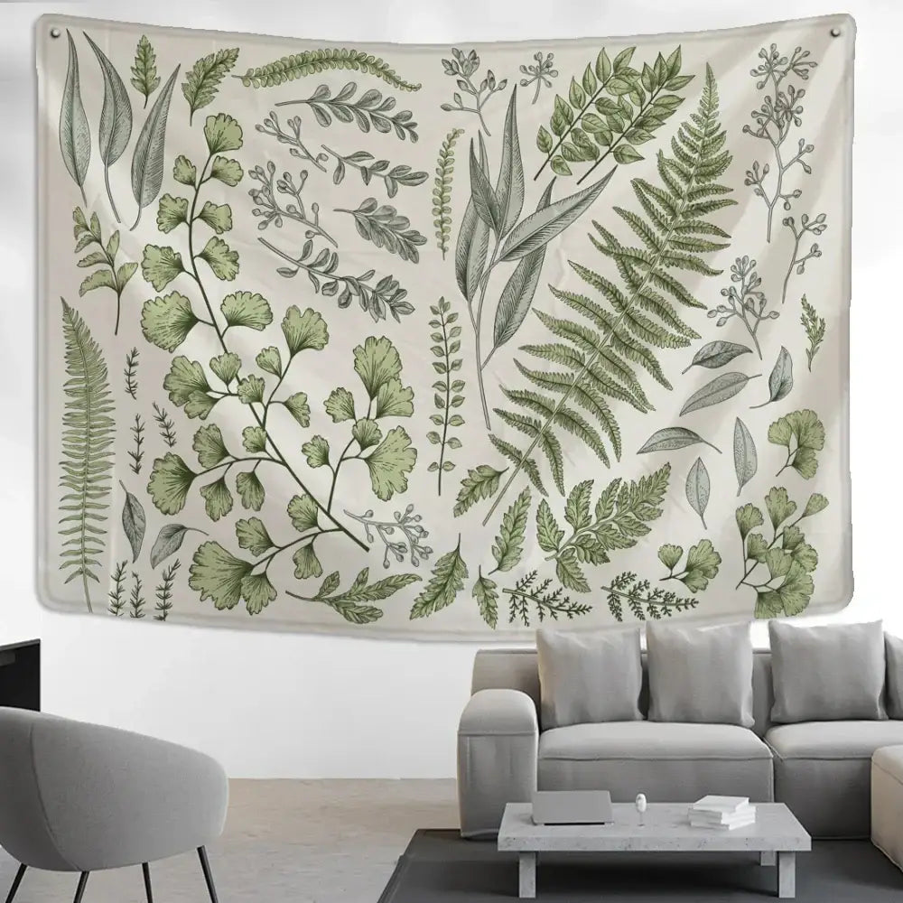 Boho green & gray botanical tapestry wall hanging bedroom decor