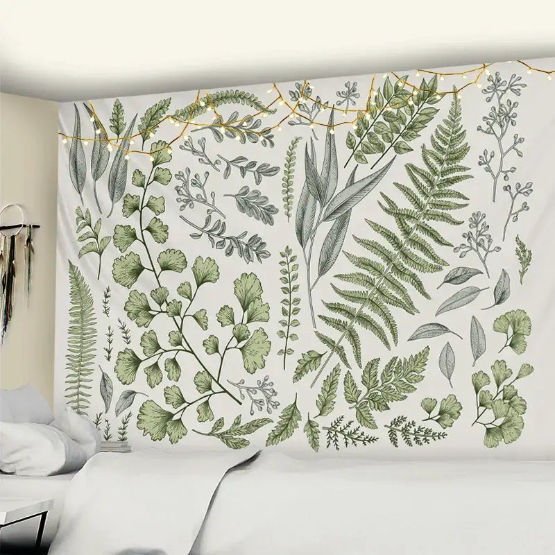 Boho green & gray botanical tapestry wall hanging bedroom decor