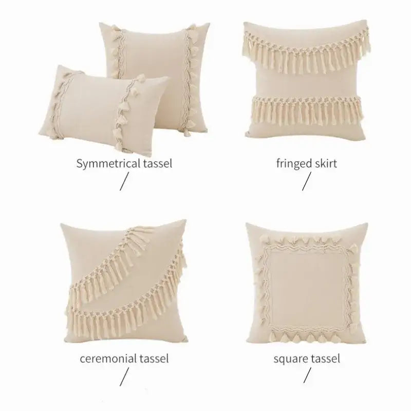 Boho macrame woven cushion cover cream cotton tassels bedroom pillow