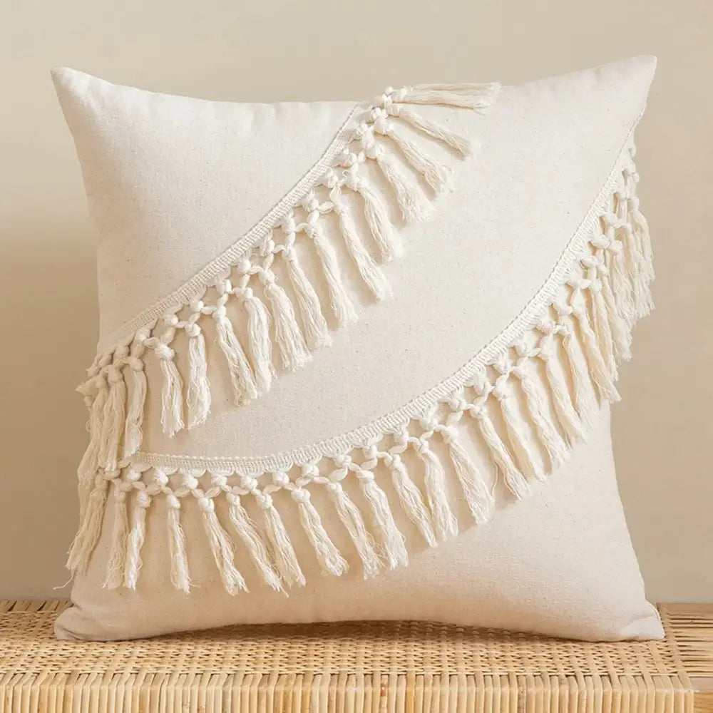 Boho macrame woven cushion cover cream cotton tassels bedroom pillow