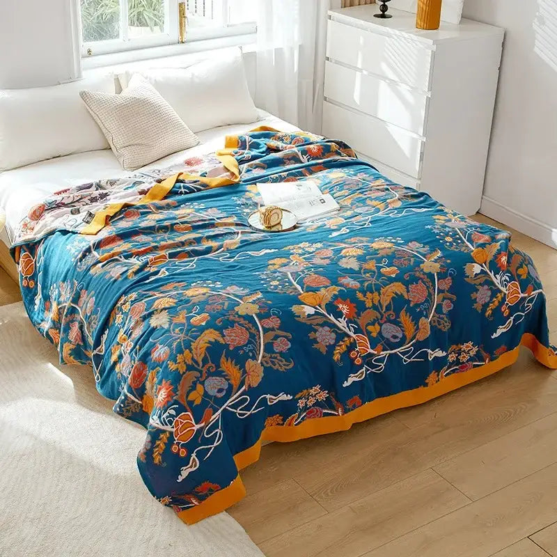 Boho mandala cotton summer blanket bedroom teal & orange throw