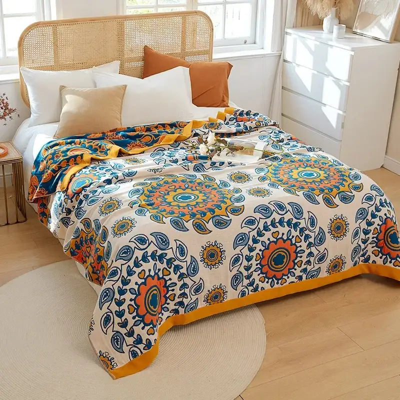 Boho mandala cotton summer blanket bedroom teal & orange throw