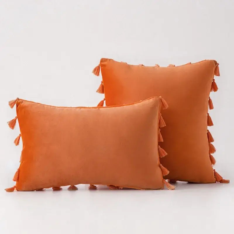 Boho orange velvet tassel fringe pillow covers living room decor