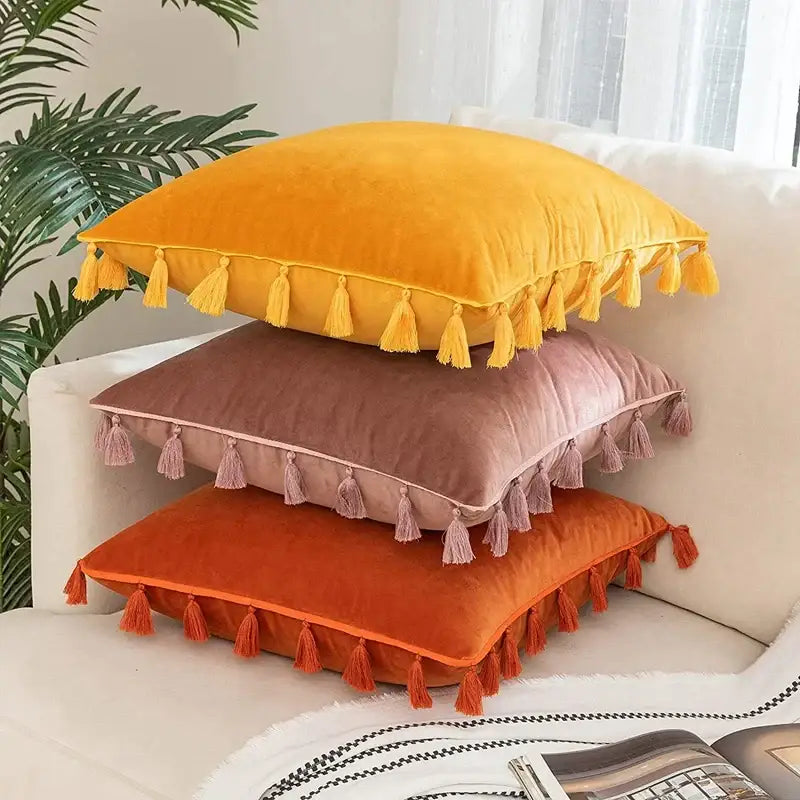 Boho orange velvet tassel fringe pillow covers living room decor