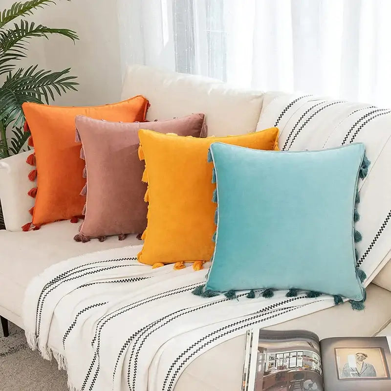 Boho orange velvet tassel fringe pillow covers living room decor