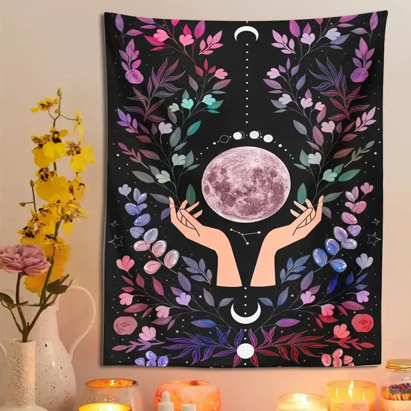 Boho pink botanical moon tapestry bedroom floral wall art