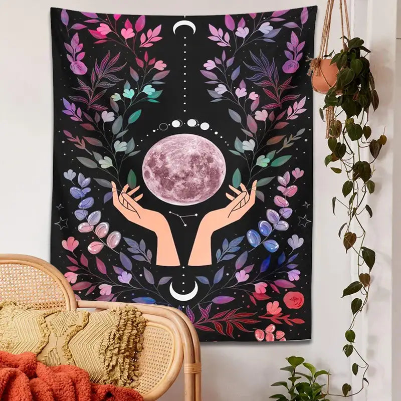 Boho pink botanical moon tapestry bedroom floral wall art