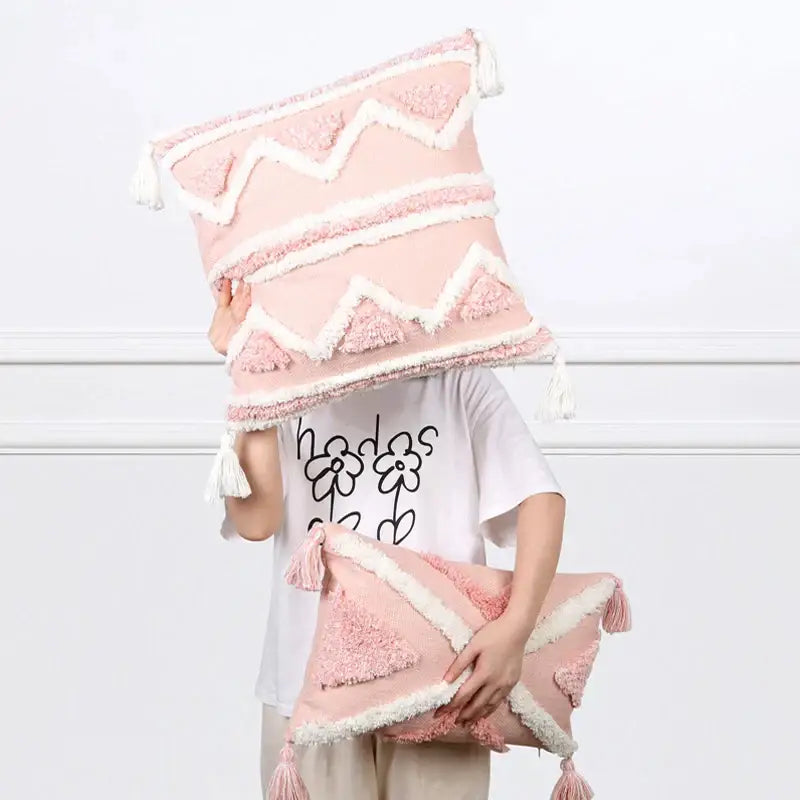 Boho pink geometric tufted pillow covers pink & white bedroom decor