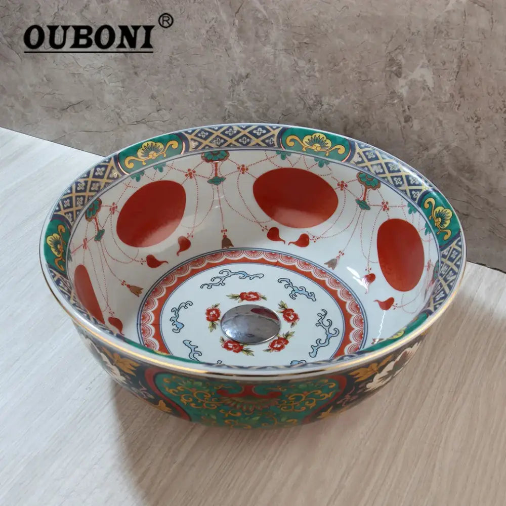 Boho retro ceramic bathroom sink with red & green floral pattern