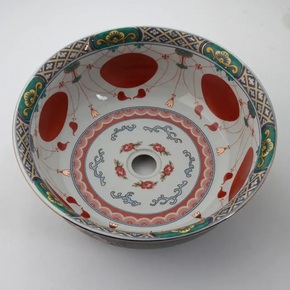 Boho retro ceramic bathroom sink with red & green floral pattern