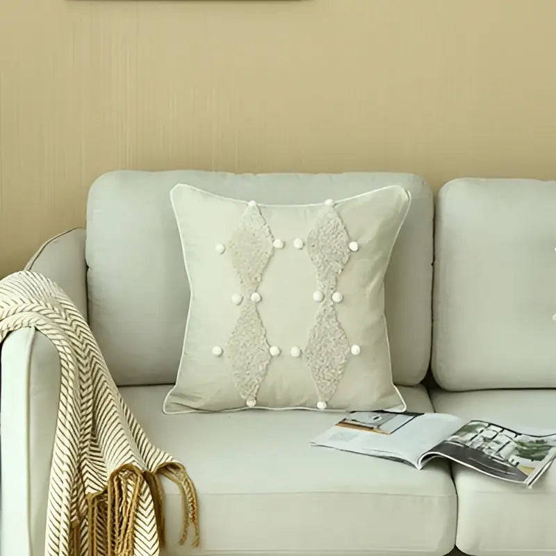 Boho style ivory pom pom cushion cover living room decor