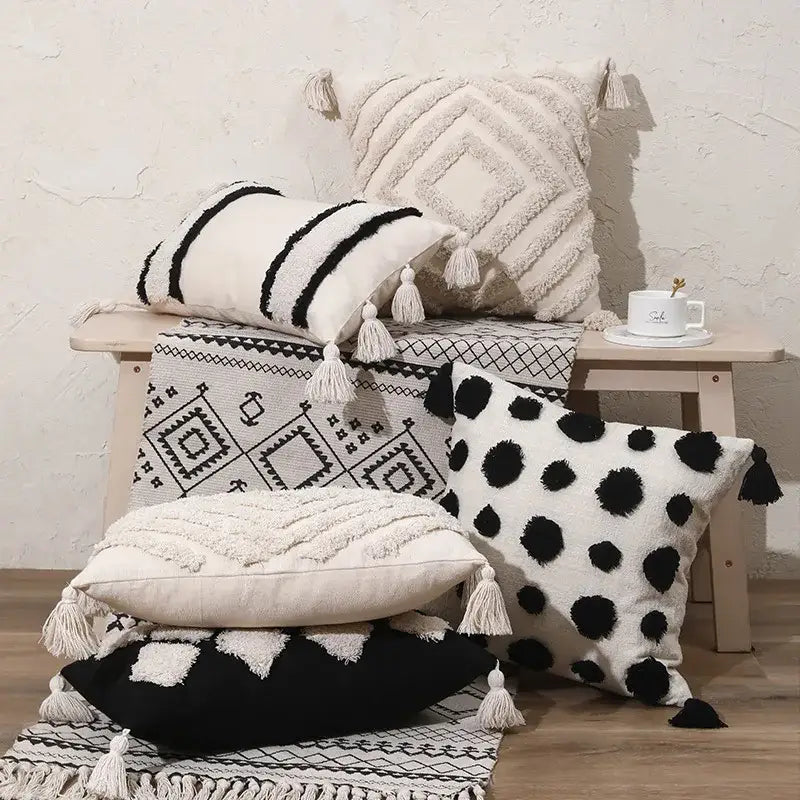 Boho tufted beige & white pillow cover living room tassel decor
