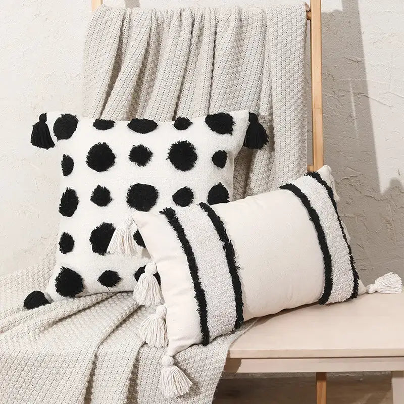 Boho tufted beige & white pillow cover living room tassel decor
