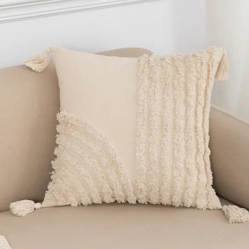 Boho tufted beige & white pillow cover living room tassel decor