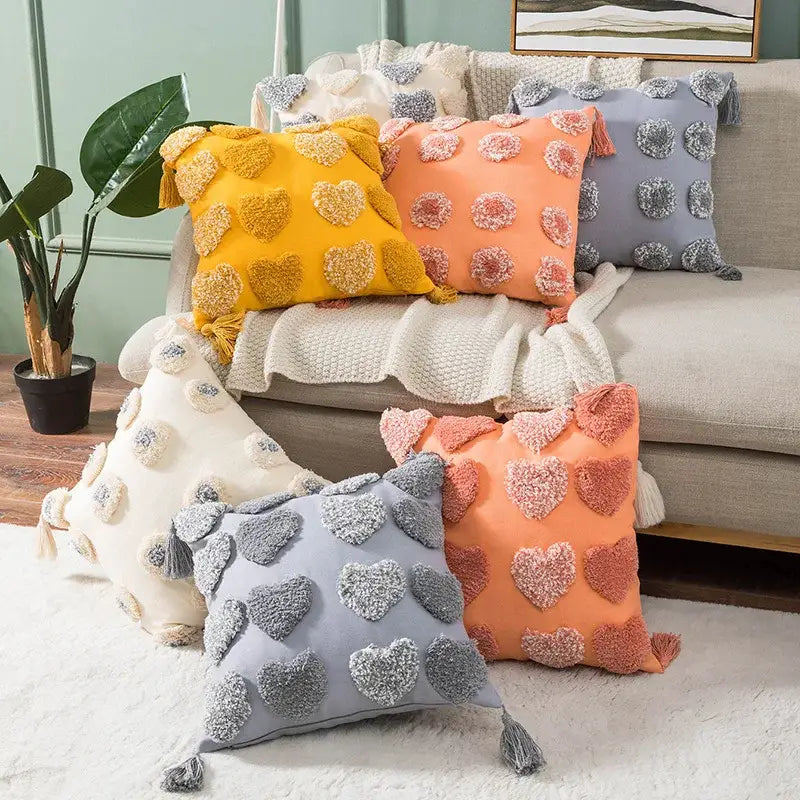 Boho tufted embroidered cushion cover grey & beige living room pillow
