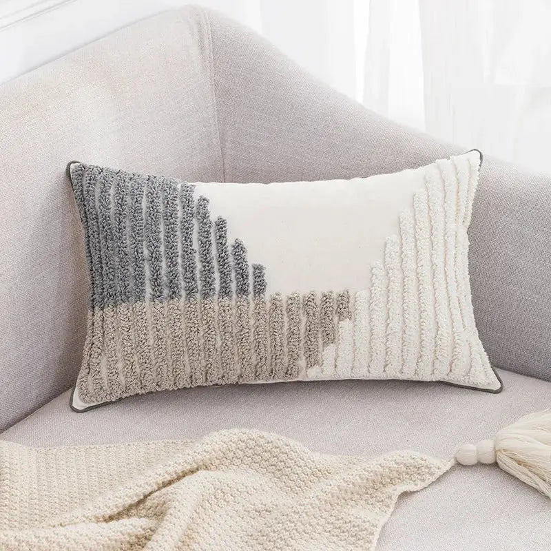 Boho tufted embroidered cushion cover grey & beige living room pillow