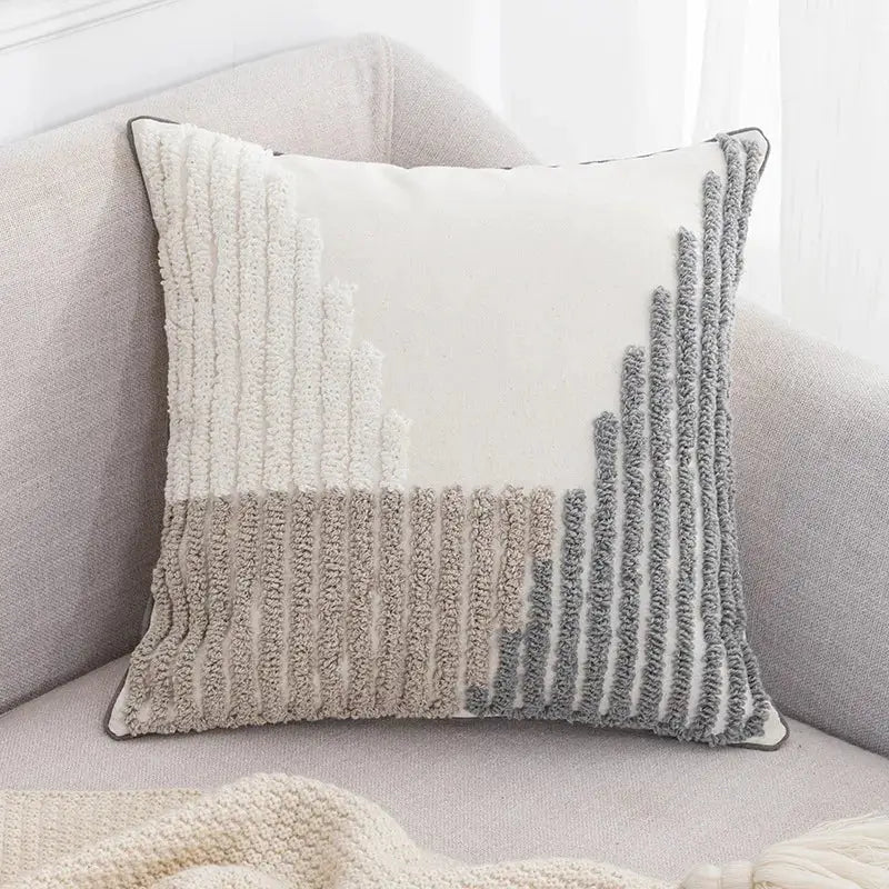 Boho tufted embroidered cushion cover grey & beige living room pillow