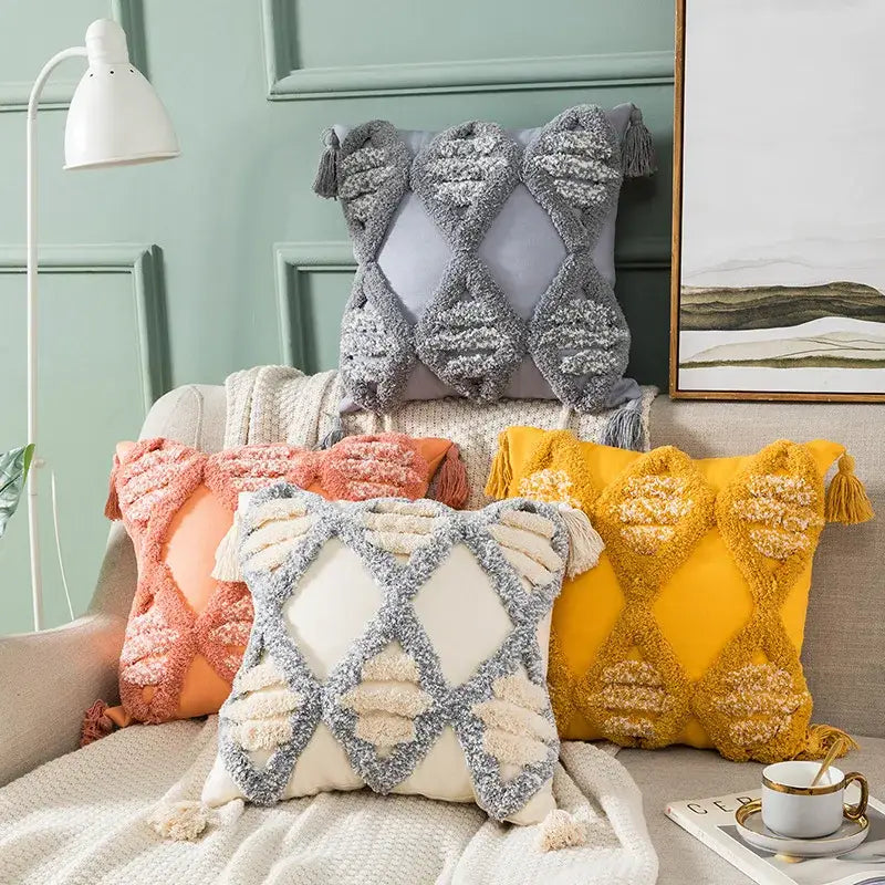 Boho tufted embroidered cushion cover grey & beige living room pillow