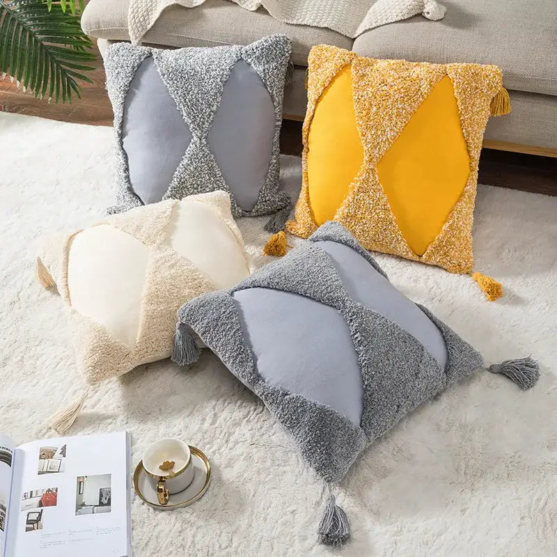 Boho tufted embroidered cushion cover grey & beige living room pillow