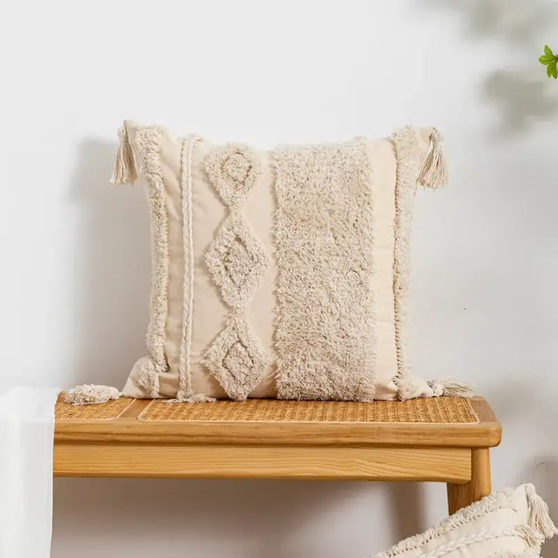 Boho tufted embroidered cushion cover grey & beige living room pillow